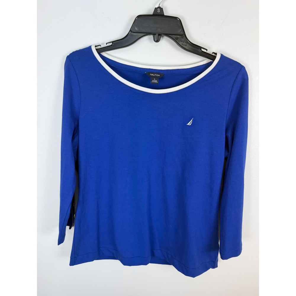 Nautica Womens Royal Blue 3/4 Sleeve Button Detail Scoop Neck Top Large
